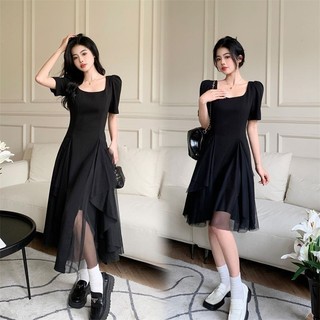 Kích Thước Lớn Bụng Bao Lưới Không Đều Hepburn Phong Cách Đầm Dài Nữ Retro Giảm Béo Cổ Vuông Đầm Đen