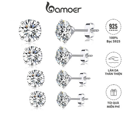 Đôi bông tai tròn BAMOER bạc 925 đính đá zircon 4mm 5mm 6mm 7mm thời trang cho nữ