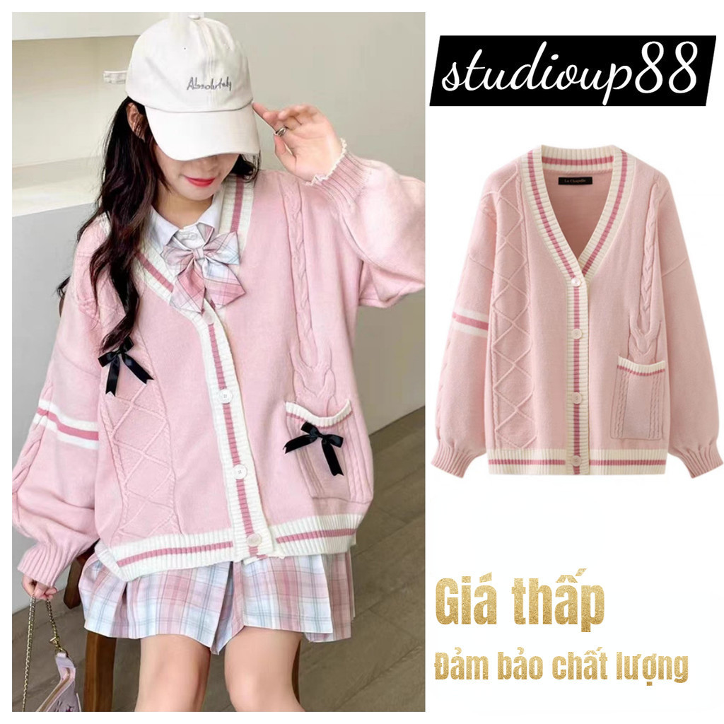 Áo khoác cardigan xu hướng dệt kim dáng rộng đính nơ thời trang thu đông Nhật Bản