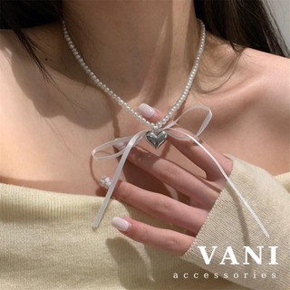 TS1178 - Vòng Cổ Choker Hạt Châu Mặt Trái Tim Kèm Ruy Nơ Màu - Vani Store