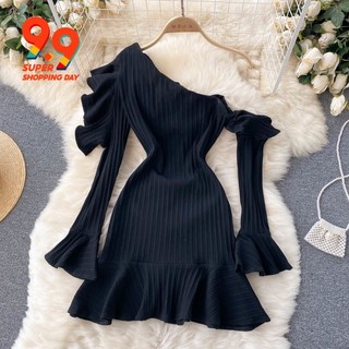 Đầm Đen Trễ Vai Ôm Eo Thời Trang Mùa Thu Quyến Rũ Cho Nữ