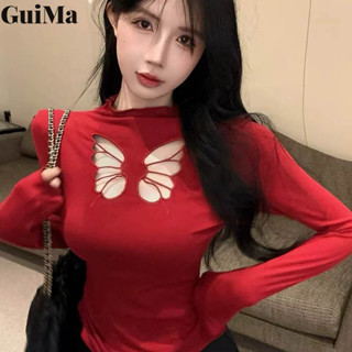 Guima Douyin cùng thiết kế nửa cổ cao bướm rỗng áo thun nữ mùa thu đông thuần khiết mong muốn mỏng tay dài đáy ngắn thời trang hàng đầu
