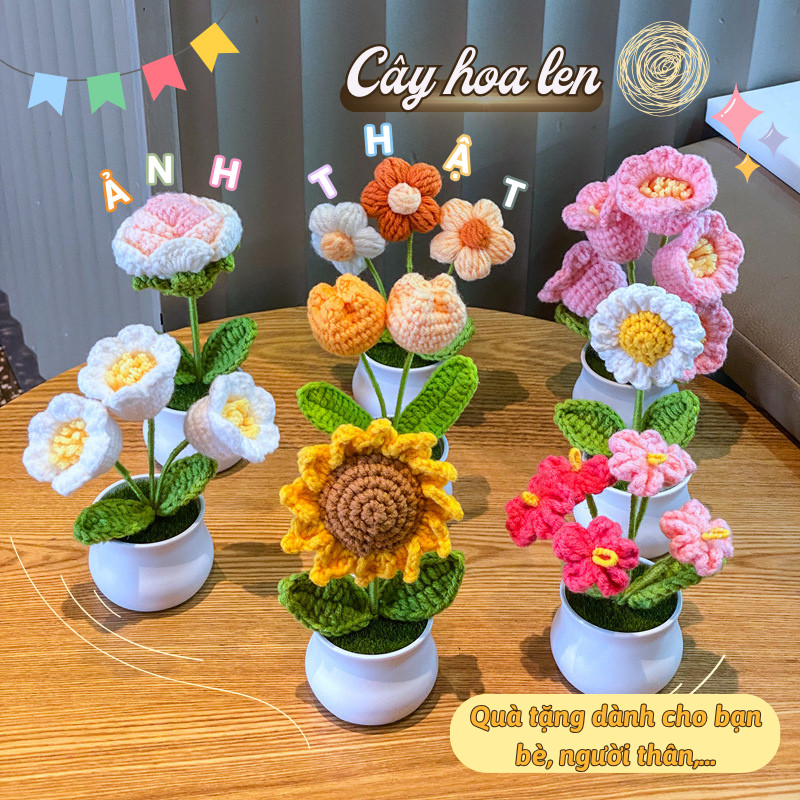 Mới Đồ Trang Trí Nhỏ Để Bàn Hoa Giả Dệt Kem Len Lily's decor house Chậu Hoa Len Handmade Thủ Công Mi