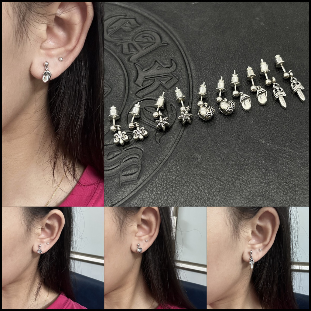 Chrome HEARTS Bạc 925 Lưỡi Lớn Đào Bông Tai Trái Tim Lục Giác Ngôi Sao Mặt Dây Chuyền Bông Tai Retro