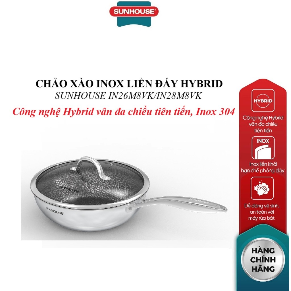 Chảo xào inox liền đáy Hybrid Sunhouse IN26M8VK/N28M8VK, Công nghệ Hybrid vân đa chiều tiên tiến, In