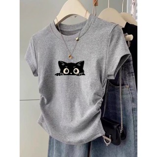  XUANMO Local brand Áo baby tee Áo Thun ôm body Áo y2k 100% cotton Mùa Hè Áo Thun Nữ Tay Ngắn Cổ Tròn In Hình Phong Cách Hàn Quốc 