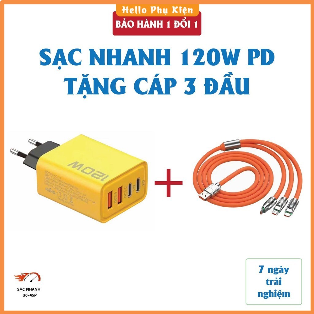 Củ sạc nhanh 4 cổng, 120W: 2 cổng Type C và 2 cổng USB – Tặng cáp sạc nhanh 3 đầu - Cốc sạc nhanh 12
