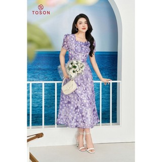 Đầm xòe tơ tím họa tiết, ngực xếp ly TOSON - 44079T94