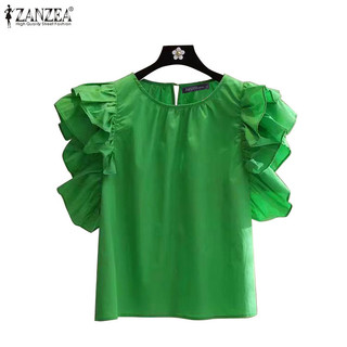 Zanzea Áo sơ mi ngắn tay cổ tròn màu trơn kiểu Hàn Quốc dành cho nữ