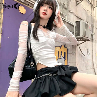 Áo thun dài tay rỗng hình bướm YEYA dành cho nữ dòng mới cổ lệch vai dài tay mỏng gợi cảm lưới dài tay áo thun hàng đầu