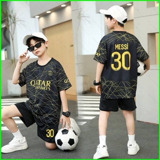 Jersey 22 / 23 Bộ trẻ em PSG sân khách thứ ba Áo bóng đá Lionel Messi Quần short Bộ đồ trẻ em