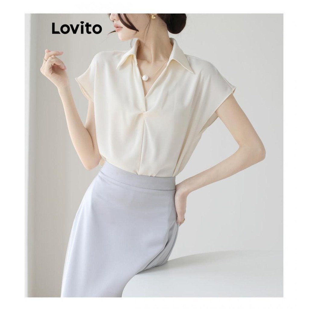 Lovito Áo kiểu xếp li trơn đơn giản cho nữ LNE69140