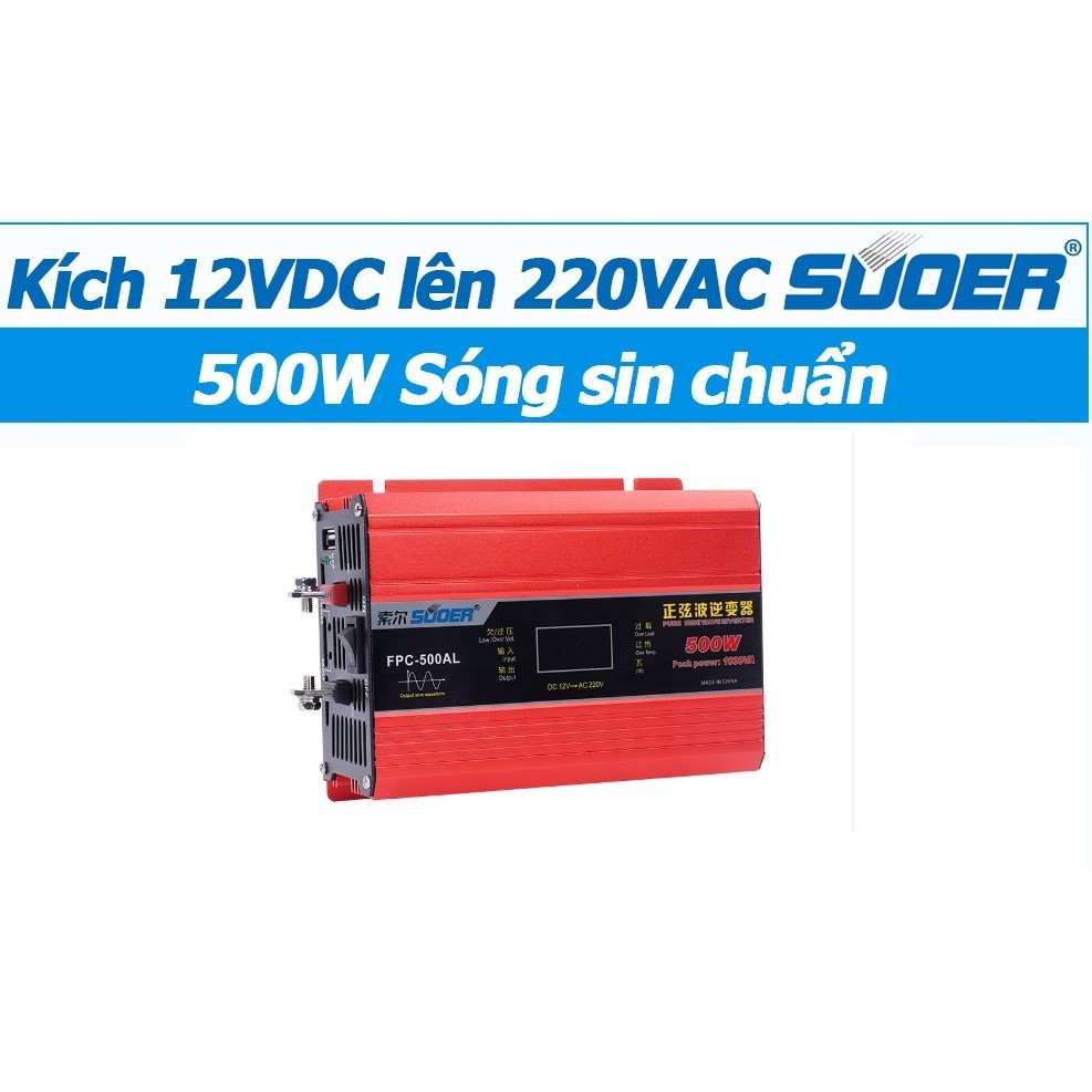 Bộ đổi điện inverter 12v sang 220v sine chuẩn 500w FPC- 500AL Suoer có màn hình -Sóng sine chuẩn PL 