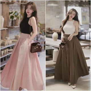 Set áo drop top cổ tròn tăm lạnh kèm chân váy dài cotton lạnh (eo thun co dãn) trẻ trung - Như Ý