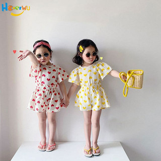 Haoerwu Bộ đồ trẻ em Bé gái lưới cotton màu đỏ tình yêu quần short áo thun ngắn tay