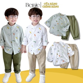 Set bộ sơ mi cổ trụ tay dài họa tiết nhỏ kèm quần kaki dài cho bé trai 1 đến 7 tuổi BERNIE 0524B20