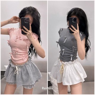 (Tách lẻ) Set Áo Thun Nữ Ôm Tay Ngắn Vạt Bầu Gắn Nơ Dễ Thương Và Quần Đùi Nữ Xòe Xinh Xắn Nhiều Màu- A307, Q068 Guuuu
