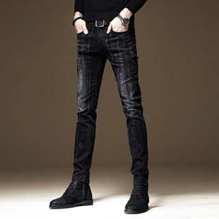 Quần bò in họa tiết sọc dọc sang trọng nhẹ nhàng quần nam cao cấp ống nhỏ tôn dáng thường ngày thêu màu đen thu đông cho nam