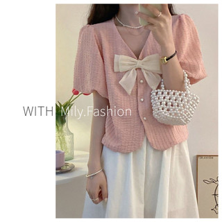Áo sơ mi tay ngắn mùa hè milyfashion nữ nơ ngọt ngào top cổ chữ v áo sơ mi phong cách ngắn