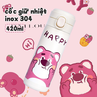 Ly giữ nhiệt Gấu Dâu Lotso Chất Liệu Inox 304 Cao Cấp, Bình Giữ Nhiệt Lotso Có Nắp Bật Dễ Dàng Vệ Sinh Bên Trong