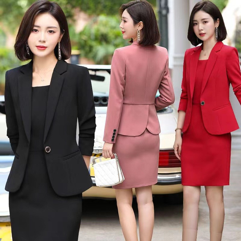 Trang phục công sở trang trọng dành cho nữ Bộ đồ thời trang nữ Quần áo Plus Size Set Mặc áo khoác dài tay Blazer OL Bộ váy Midi trơn Bộ đồ hai mảnh