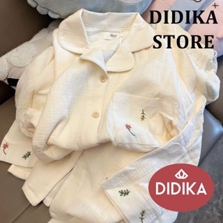 DIDIKA Bộ đồ ngủ dài tay thêu ngọt ngào Hàn Quốc dành cho nữ