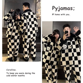 San Hô Lông Cừu Cặp Đôi Bộ Đồ Ngủ Nữ Thu Đông Lông Cừu Lót Dày Nam Flannel Loungewear Set