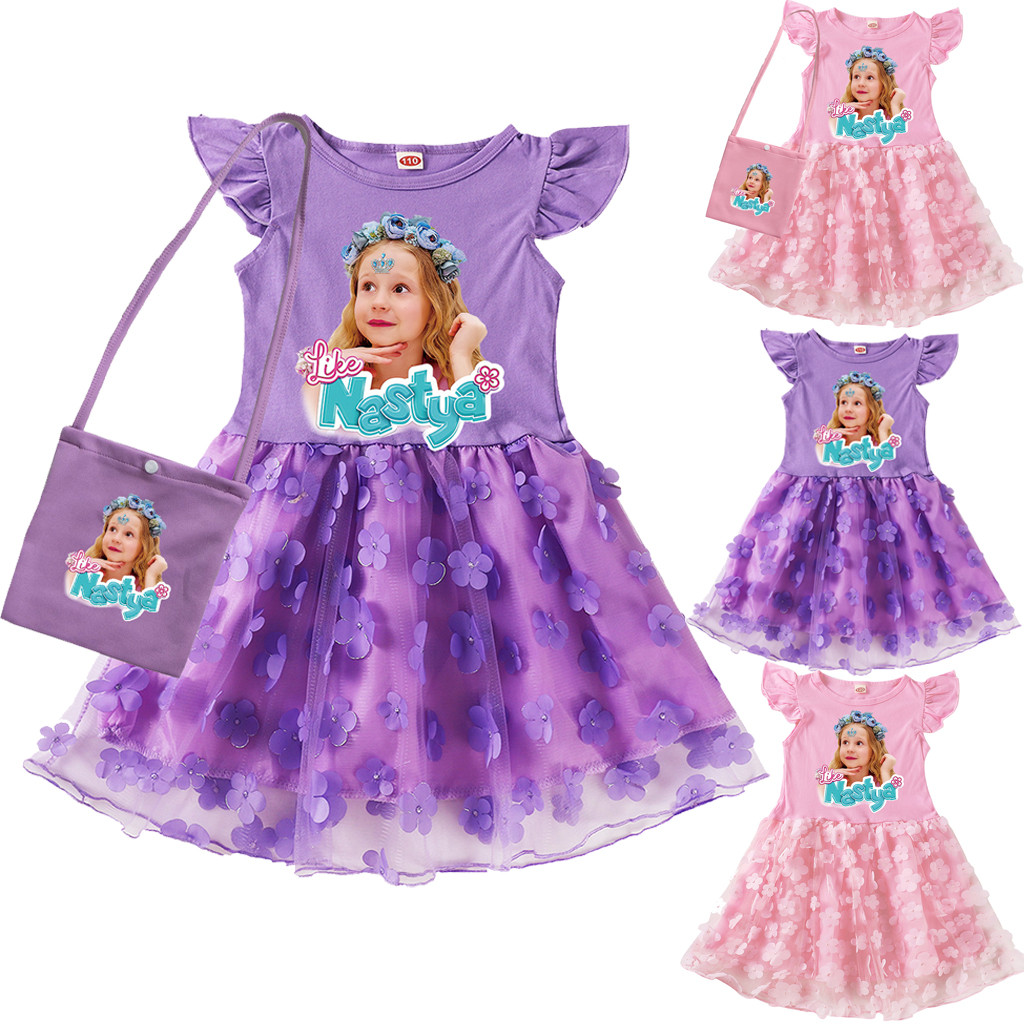 Hoạt Hình Như Nastya Trẻ Em Bé Gái Tay Bay Dự Tiệc Đầm + Túi Cotton Thường Ngày + Hoa Tulle Tiệc Sin