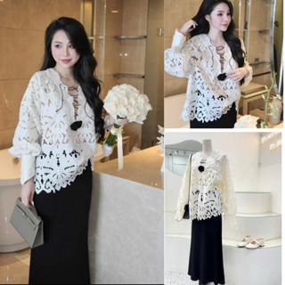 Set áo ren chân váy dài- áo đính hoa xỏ dây đen, chân váy đuôi cá