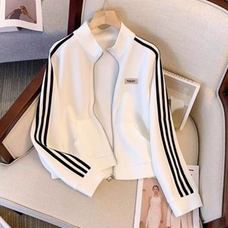  Áo khoác cổ đứng kẻ sọc dễ phối khóa kéo phong cách Hàn Quốc mùa xuân thu Jiashucheng Áo khoác ngắn áo khoác bóng chày nữ 