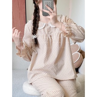  BAE MALI - Bộ mặc nhà chấm bi tay dài cổ ren bèo SP543 