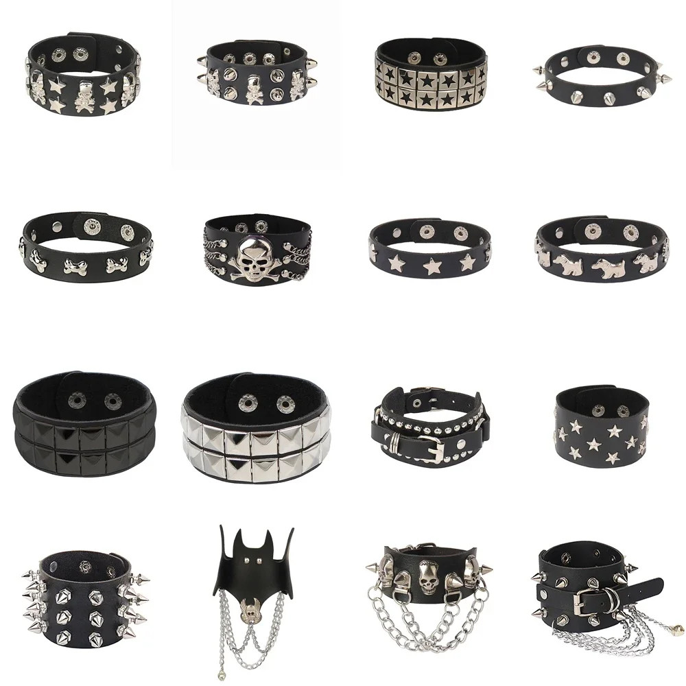 Mới Đầu Lâu Punk Gothic Rock Kim Loại Dây Xích Đinh Tán Đinh Tán Da PU Dây Đeo Tay Vòng Tay Nam Trang Sức