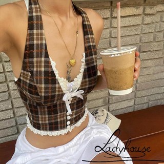 Ldd-nữ Dây Cổ Tank Tops Không Tay Ren Viền Kẻ Sọc In Crop Top Áo Sơ Mi Mùa Hè