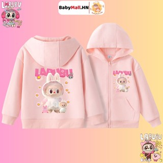  Áo Hoodie hình LABUBU bé gái BABYMALL  Áo khoác nỉ khoá kéo có mũ cho bé có túi chất cotton mềm mại 