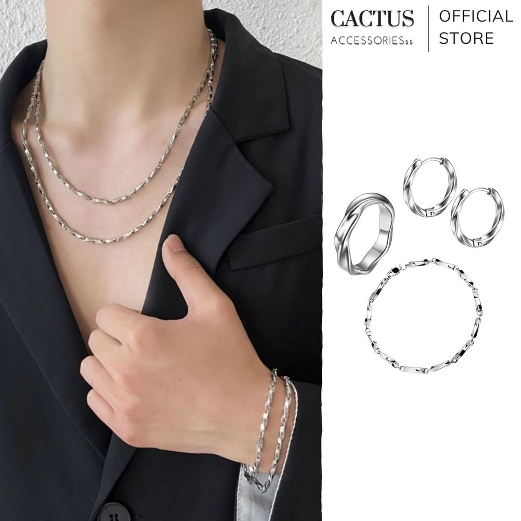 Combo 4 Món Cactus Accessories Dây Chuyền, Vòng Tay, Nhẫn, Khuyên Tai Xoắn Thép Titan Không Gỉ Unise