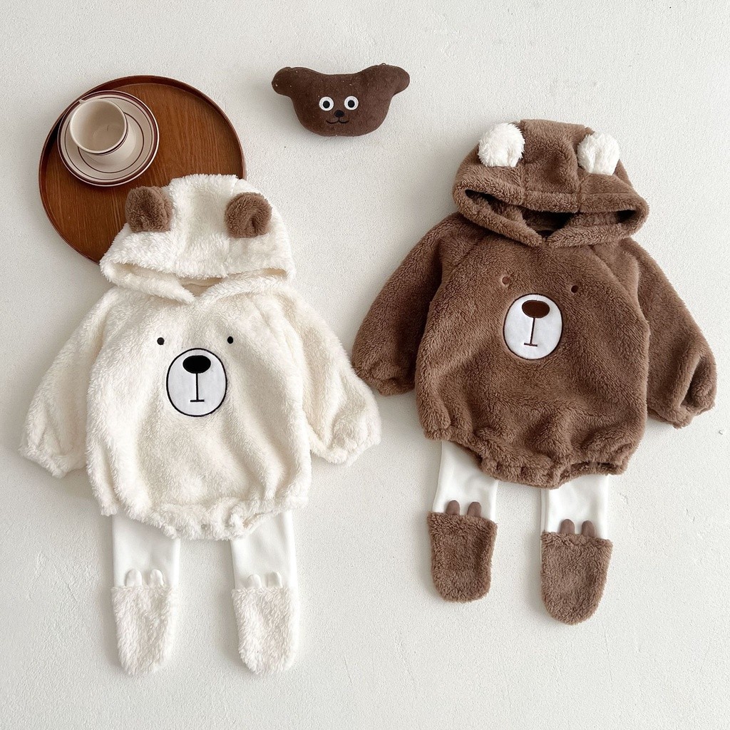 0-2 Years Old Baby Hooded Romper Bear Ears Cute Plush Baby Clothes Winter