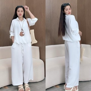  Set đồ Bigsize  Nữ 2 Món Áo Sơ Mi Kiểu Dài Tay Bo Gấu Kèm Quần Dài Xuông Vải Đũi Vân Mây Thoải Mái - SET859 