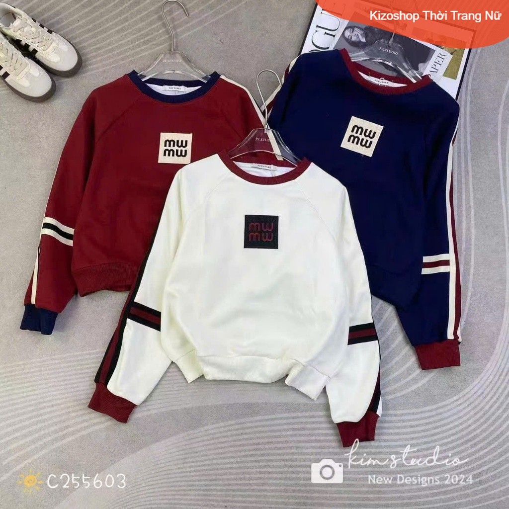 Áo thun sweater nữ cổ tròn tay dài pha màu sọc thêu chữ MW hàng Quảng Châu mùa thu đông form vừa ngư