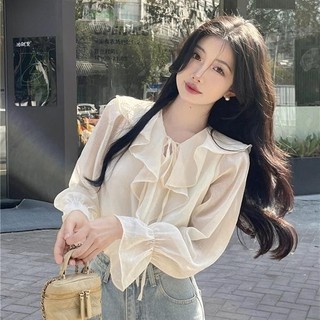 Áo sơ mi voan tơ nữ dài tay bánh bèo size L,áo sơ mi dày tay chất tơ cách điệu s1002