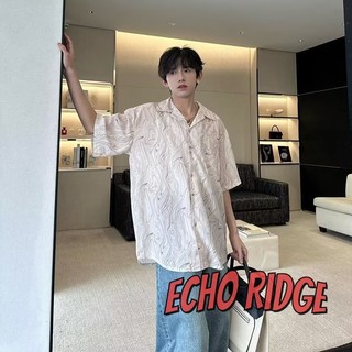 Echo Ridge Ice silk vintage wave pattern Tay Ngắn Nam Rời Đi Biển Cổ Cuba Áo Sơ Mi
