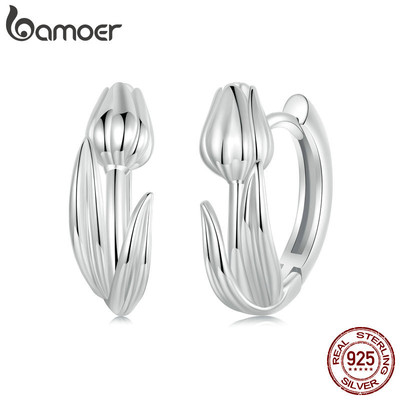 Bamoer 925 Sterling Sliver Vòng Bông Tai Thiết Kế Hoa Tulip Trang Sức Quà Tặng Cho Nữ