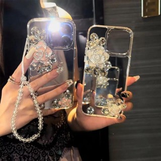 Ốp điện thoại gương trang điểm 3D bằng kim cương giả Camellia, Vòng tay pha lê, Thích hợp cho IPhone X XR XS Max 11, 12, 13, 14, 15 16 Pro Max 7 8 Plus Vỏ điện thoại chống rơi