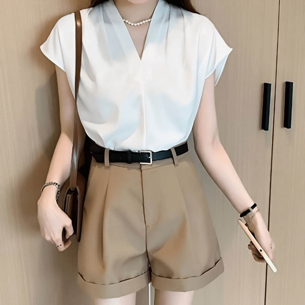 Áo sơ mi nữ công sở Mely Fashion cộc tay hến cổ V dáng rộng chất lụa ngọc trai cao cấp mềm mát phong cách Hàn Quốc ASM36 | BigBuy360 - bigbuy360.vn