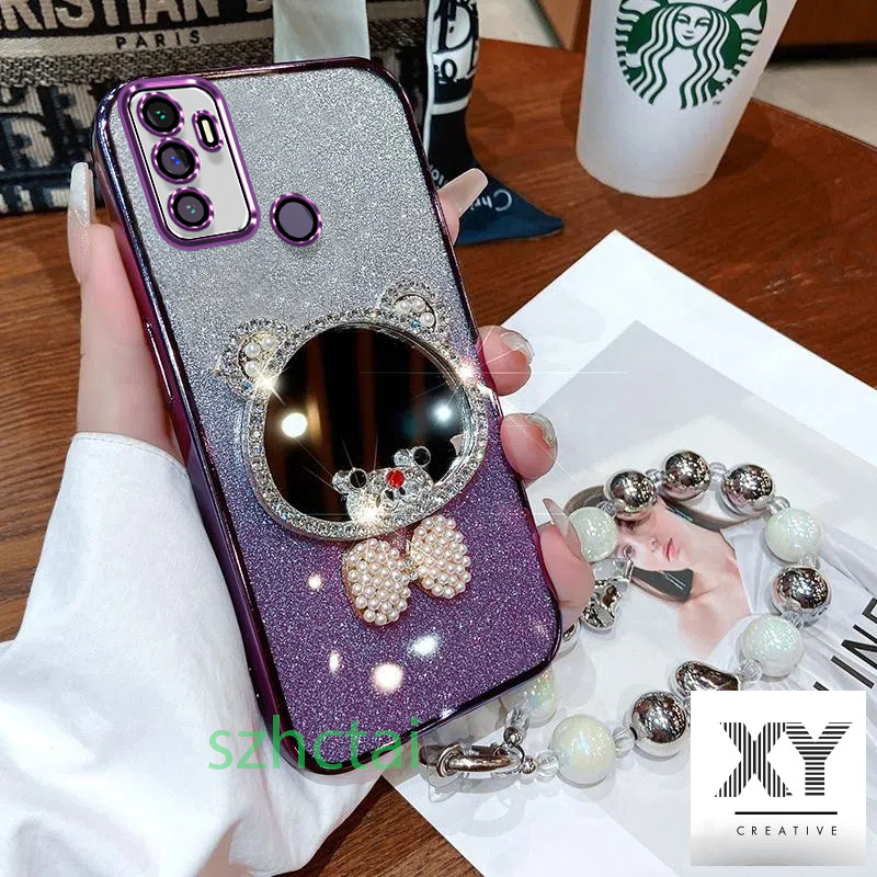 Ốp Điện Thoại OPPO A53 2020 A33 2020 Gương Trang Điểm Tai Gấu Sang Trọng Có Vòng Tay Dây Treo Ốp lưn