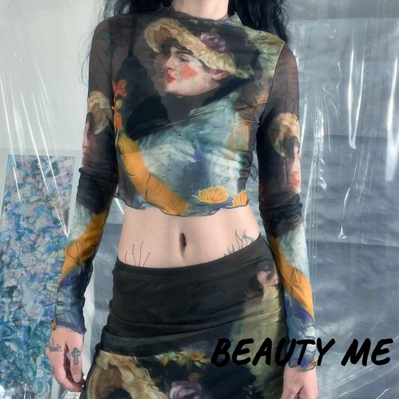 Áo Crop top lưới mỏng dành cho nữ Retro bé gái in hình dài tay cổ tròn Lettuce Hem Sheer Áo thun