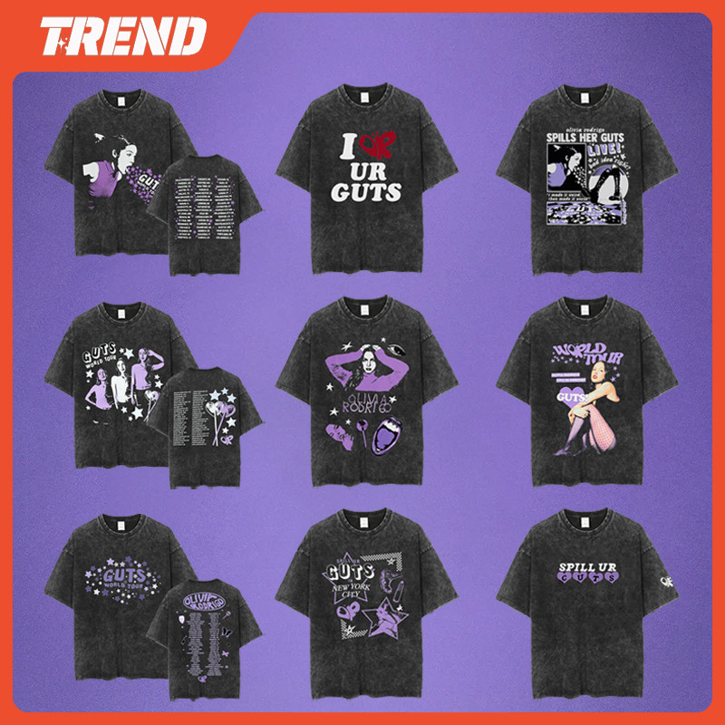 Olivia Rodrigo 2024 GUTS World Tour Merch Áo thun Cotton giặt cho nam và nữ Vintage dáng rộng in hìn