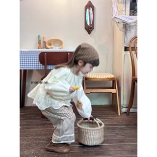 Sản phẩm mới mùa thu] Quần áo trẻ em Hàn Quốc phù hợp với bé gái, áo dài tay, quần áo mùa thu, bộ đồ Mori cho bé gái, áo sơ mi ren trẻ em phong cách phương Tây mùa thu, quần ống thẳng kẻ sọc, Bộ hai mảnh, quần áo trẻ em Hàn Quốc 5