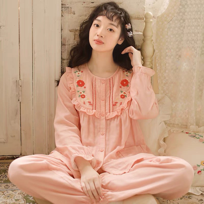 Nhật Bản Ngọt Ngào Phong Cách Công Chúa Thêu Homewear Nữ Bộ Đồ Ngủ Mùa Thu Dài Tay Cổ Tròn Mùa Xuân Thu Cotton Nguyên Chất Gạc Mỏng Phù Hợp Với 9.6 | BigBuy360 - bigbuy360.vn