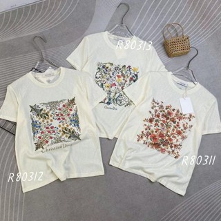  Áo thun giấy nữ tay ngắn cổ tròn in hình hoa lá chữ Di hàng Quảng Châu áo phông mùa hè form vừa chất cotton mát đẹp 