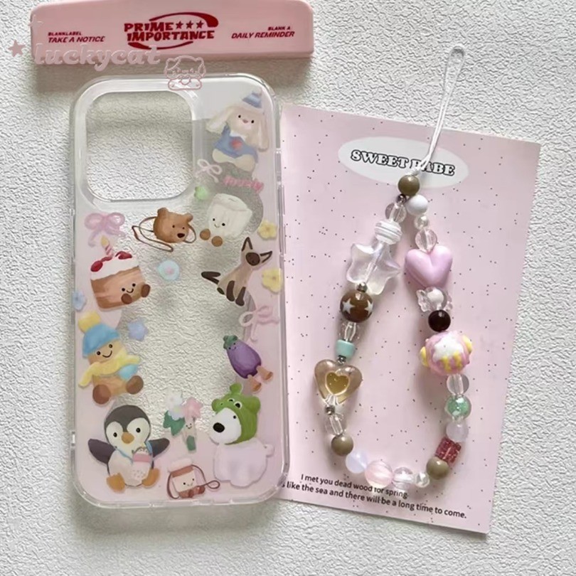 Iphone 16 15 14 13 12 11 Pro Max X Xr Xs Max 7 8 Plus SE2020 Ốp Điện Thoại Nơ Họa Tiết Động Vật Vườn Thú Dễ Thương + Dây Buộc Ốp Lưng Mềm Trong Suốt